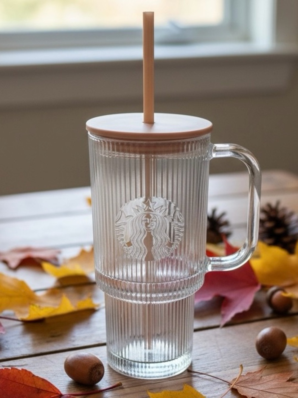 Starbucks Ribbed Glass Tumbler with Handle and Lid NWT